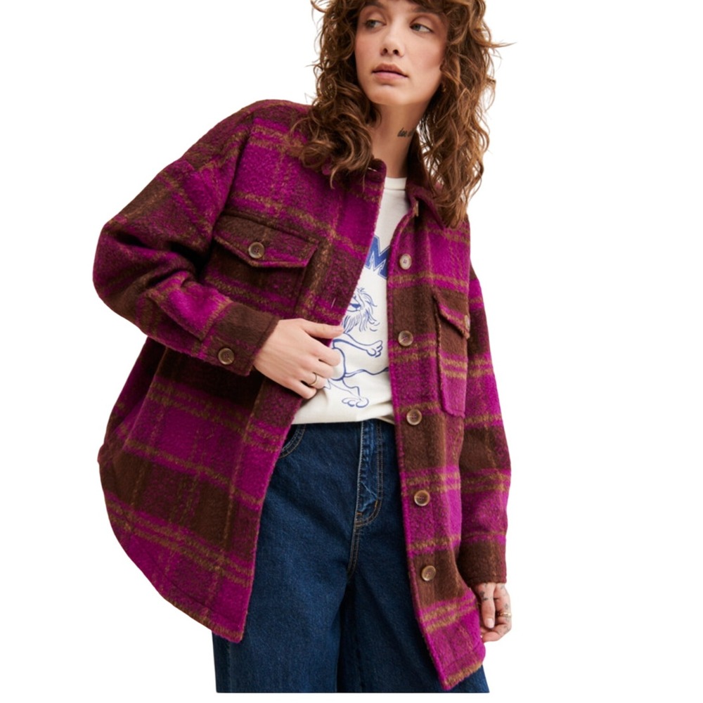 Good American NWT Plaid Shacket Purple Brown Button Down Long Sleeve‎ Jacket Top